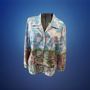 Christopher & Banks Jacket Womens 1X Art Paris Scene Button Up CJ Banks Stretch